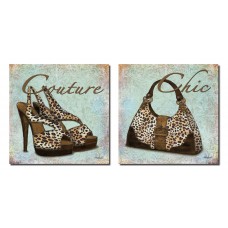 Popular Exotic Leopard Print Chic Purse and Couture High-Heel; Two 12x12 Poster Prints. Teal/Brown   